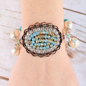 Chunky Beaded Bracelet with Crystal Turquoise Oval